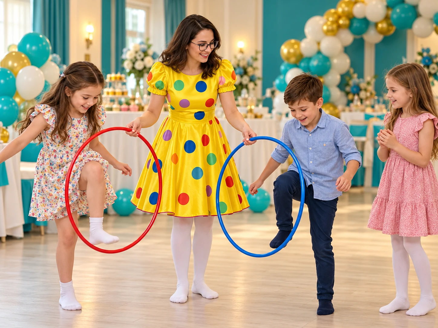 Animatoare în costumul galben cu buline multicolore și dres alb, într-un joc alături de copii.