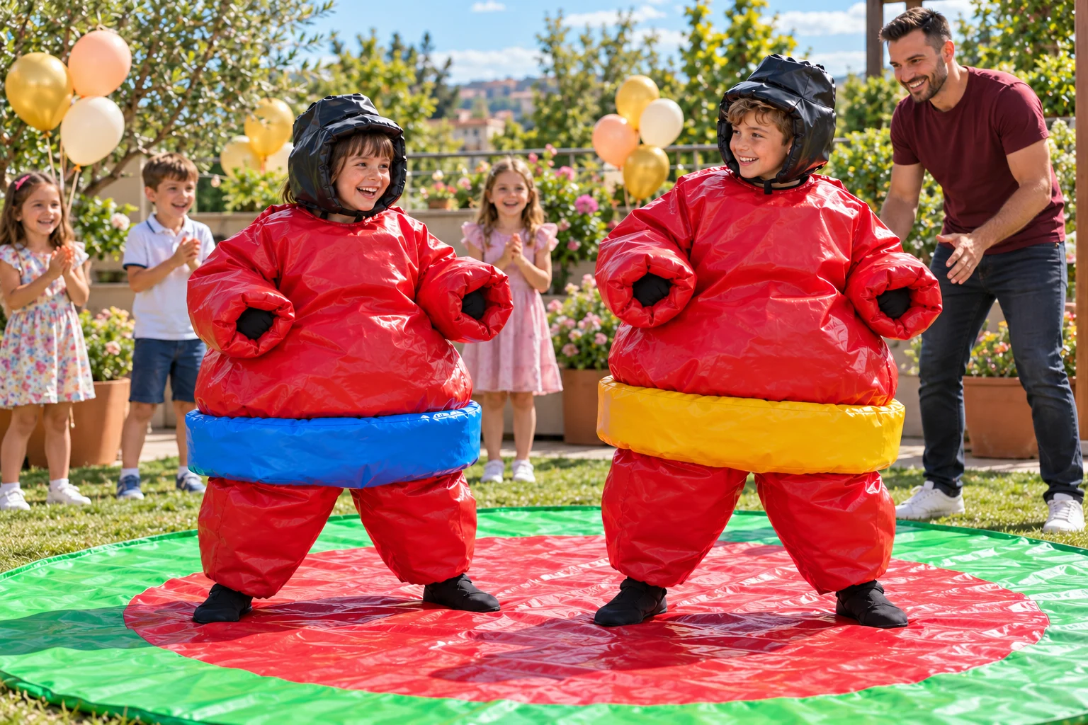 Copii zâmbind în costume sumo roșii cu protecții negre, pe salteaua rotundă roșie cu margine verde.