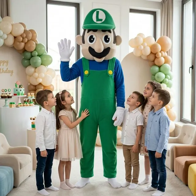 Mascotă Luigi cu cap mare, șapcă verde cu L și salopetă albastră, lângă copii.