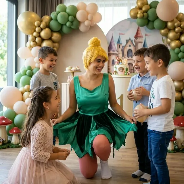Animatoare în rochie verde, cu aripi și coc blond, tip Clopoțica, lângă copii.