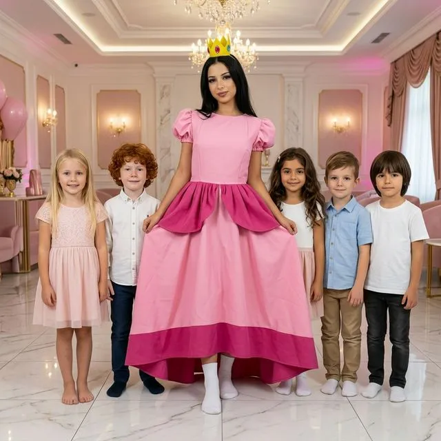 Animatoare în rochie lungă roz și coroană, tip Peach, lângă copii.