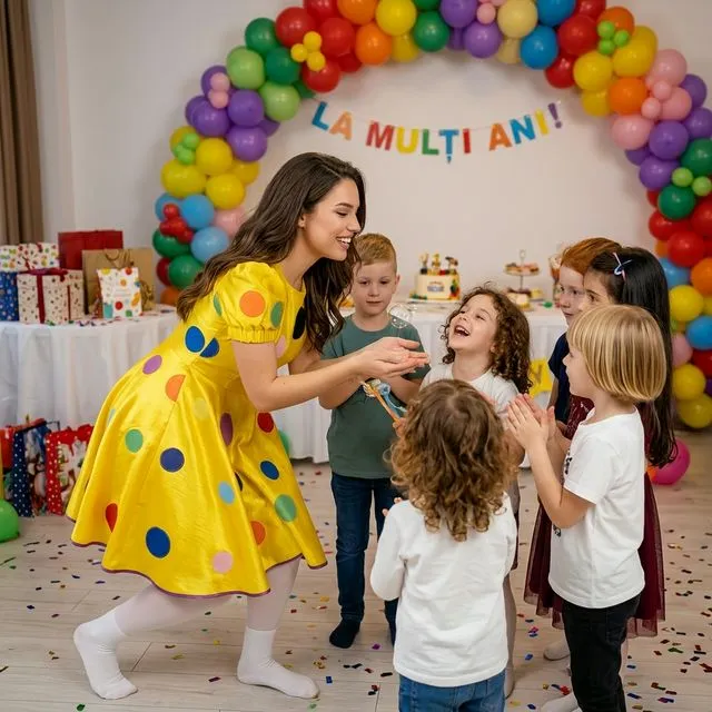 Animatoare în rochie galbenă cu buline mari multicolore, cu copii la petrecere.