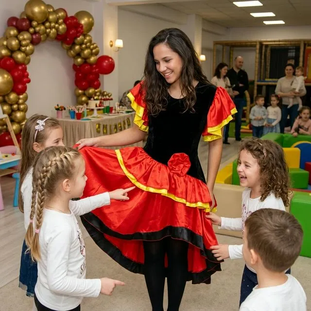 Animatoare în rochie roșie/neagră cu volane și trandafir în păr, lângă copii.