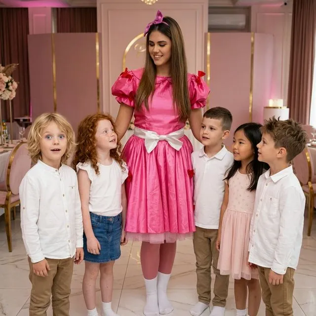 Animatoare în rochie roz lungă și coroniță, tip Peach, lângă copii.