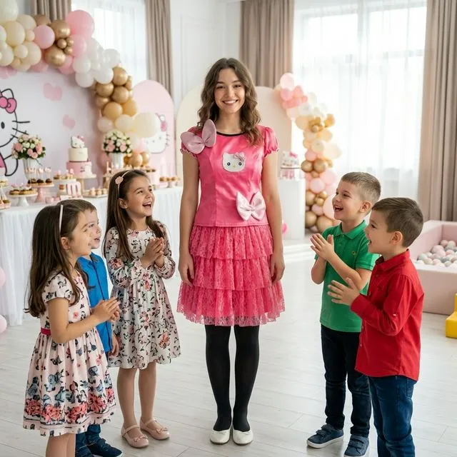 Animatoare cu rochie roz, tricou alb și accesoriu cu urechi pe cap.