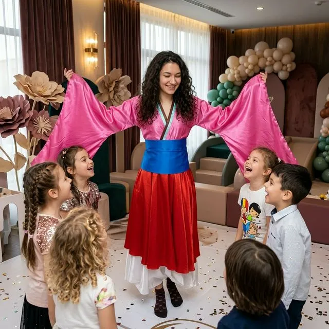 Animatoare în ținută tip Mulan, roz/albastru/roșu, cu mâneci largi, lângă copii.