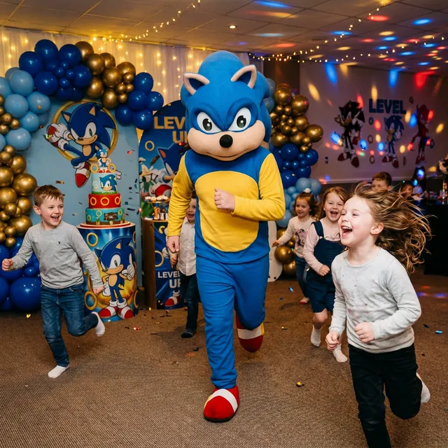Mascotă Sonic cu cap mare albastru, mănuși albe și pantofi roșii, lângă copii.