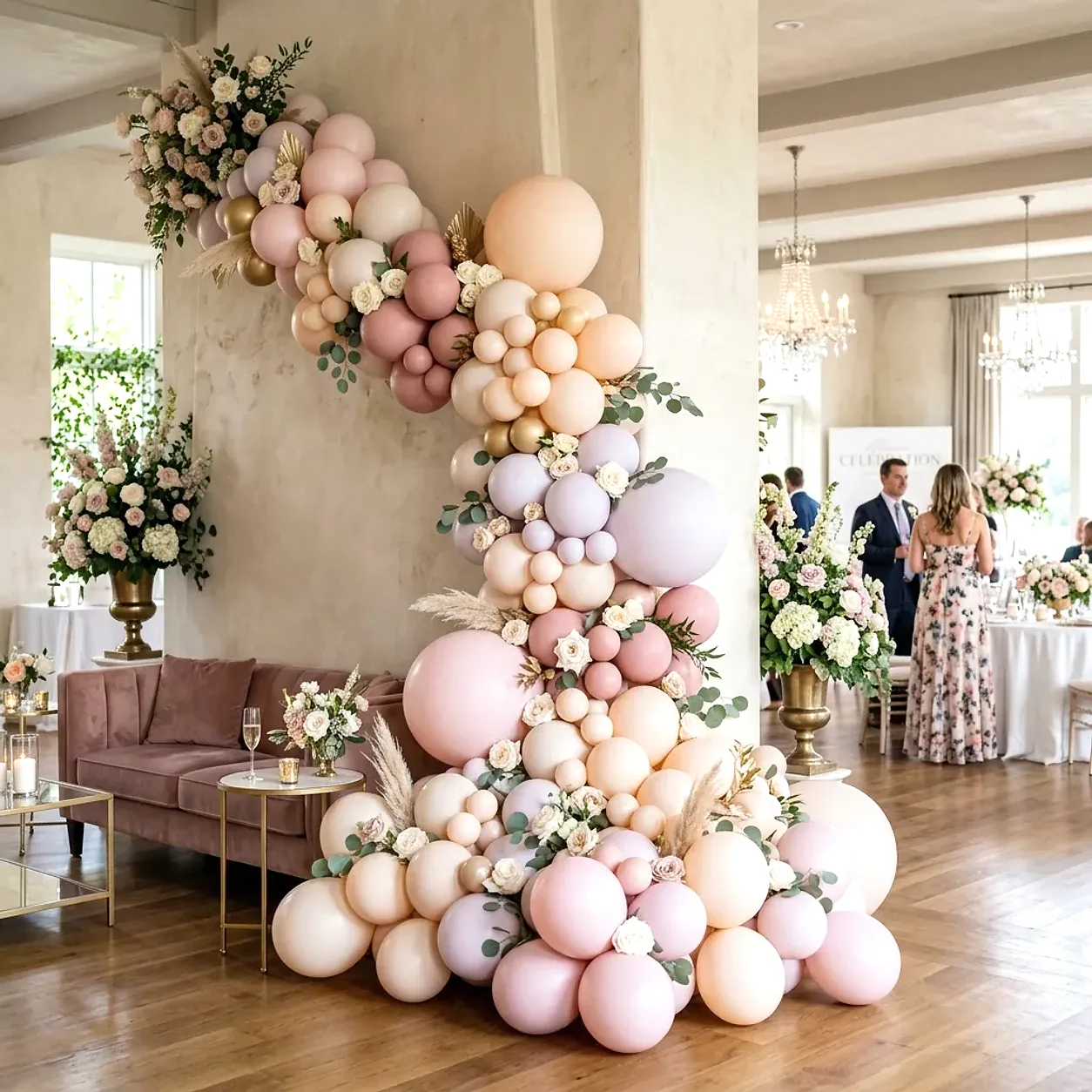 Ghirlandă asimetrică de baloane pastel și flori în jurul unei canapele și al unei perdele, într-un salon.